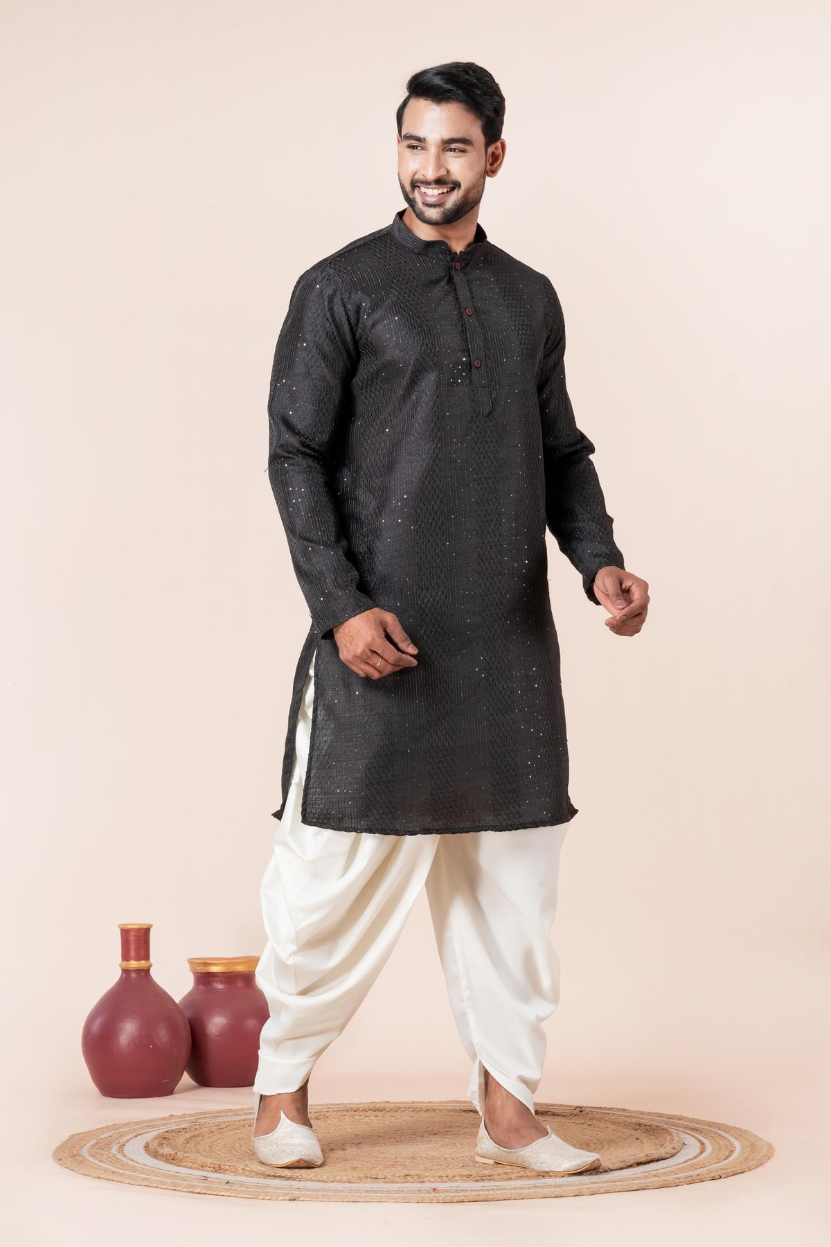 Zavaya Men Black Embroidery Silk Kurta Dhoti Set | Grocsy