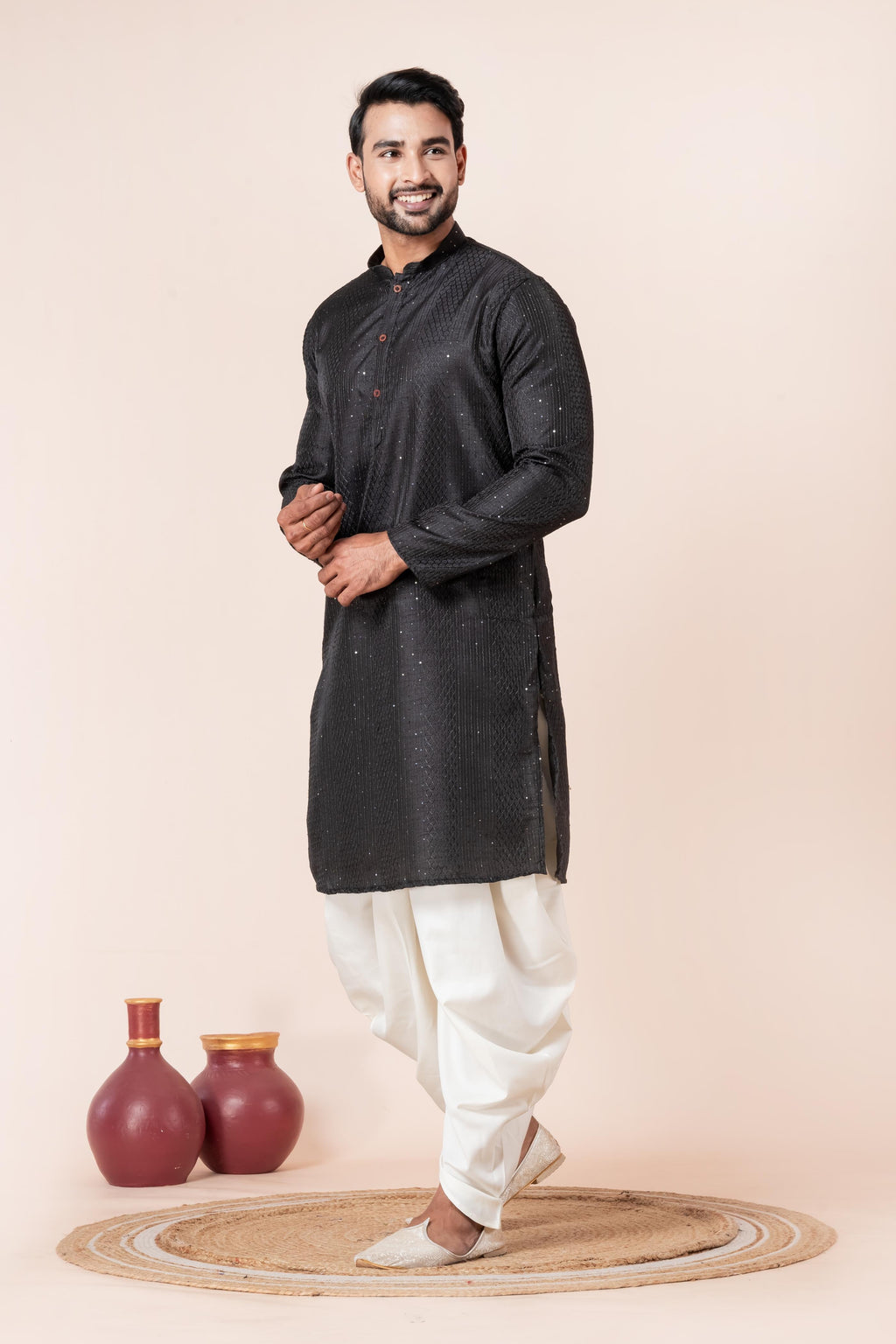 Zavaya Men Black Embroidery Silk Kurta Dhoti Set | Grocsy