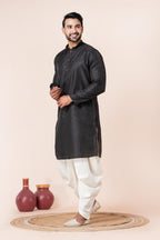 Zavaya Men Black Embroidery Silk Kurta Dhoti Set | Grocsy