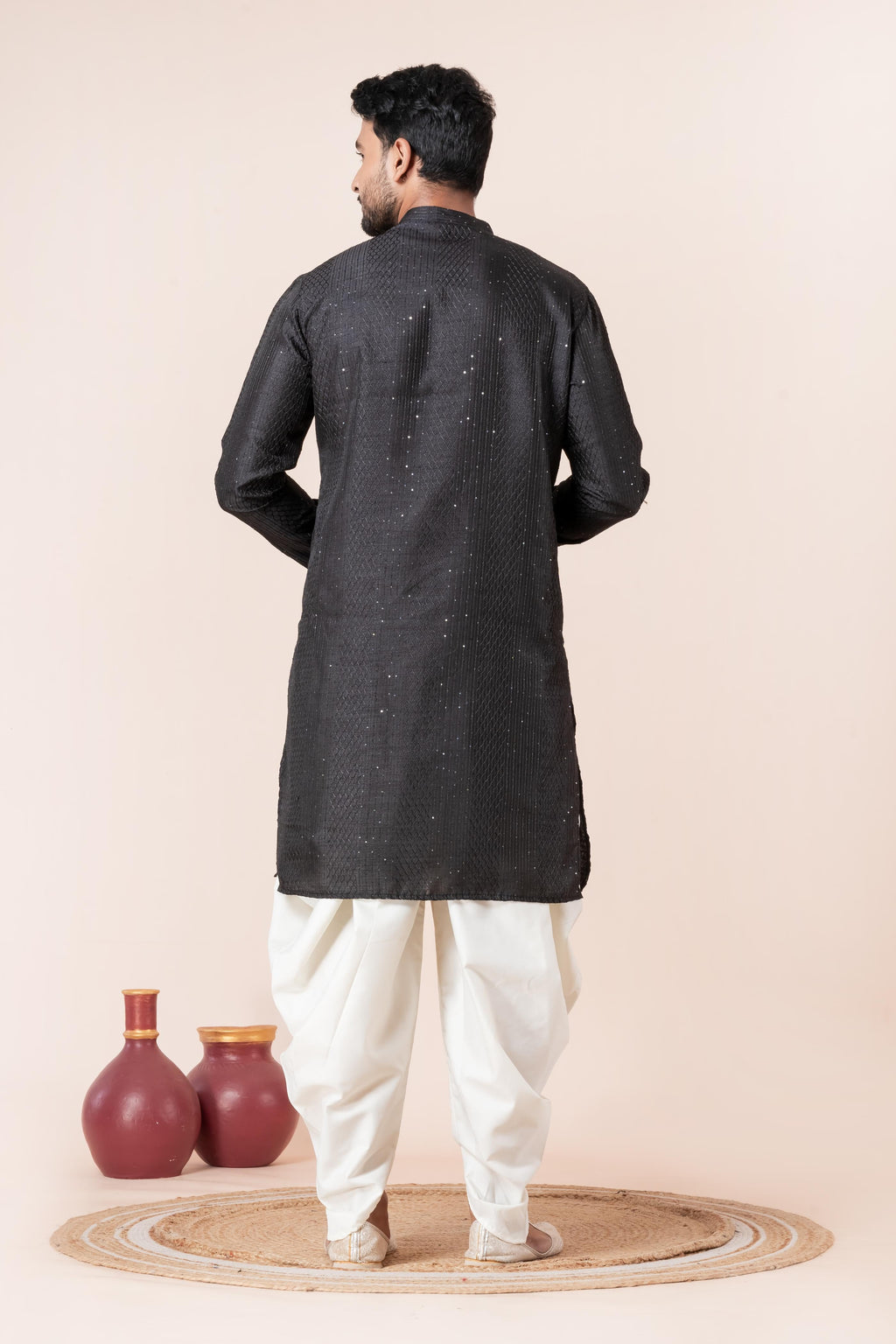 Zavaya Men Black Embroidery Silk Kurta Dhoti Set | Grocsy