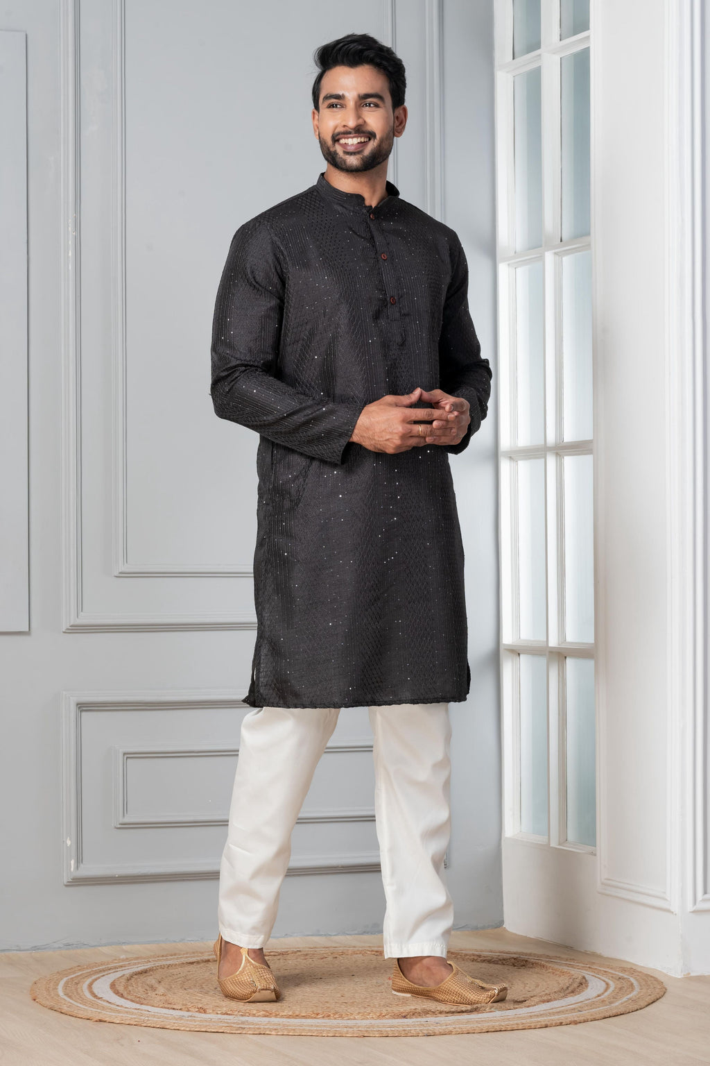 Zavaya Men Black Embroidery Silk Kurta Pyjama Set | Grocsy
