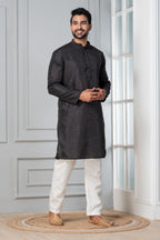 Zavaya Men Black Embroidery Silk Kurta Pyjama Set | Grocsy
