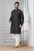 Zavaya Men Black Embroidery Silk Kurta Pyjama Set | Grocsy