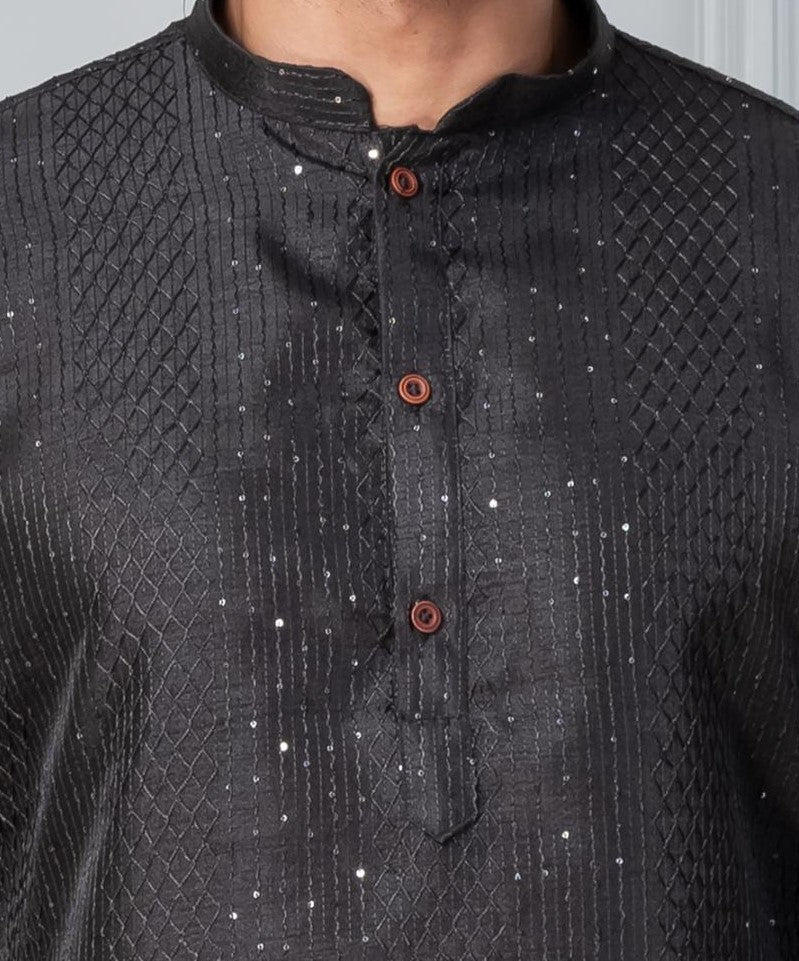 Zavaya Men Black Embroidery Silk Kurta Pyjama Set | Grocsy