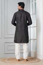 Zavaya Men Black Embroidery Silk Kurta Pyjama Set | Grocsy