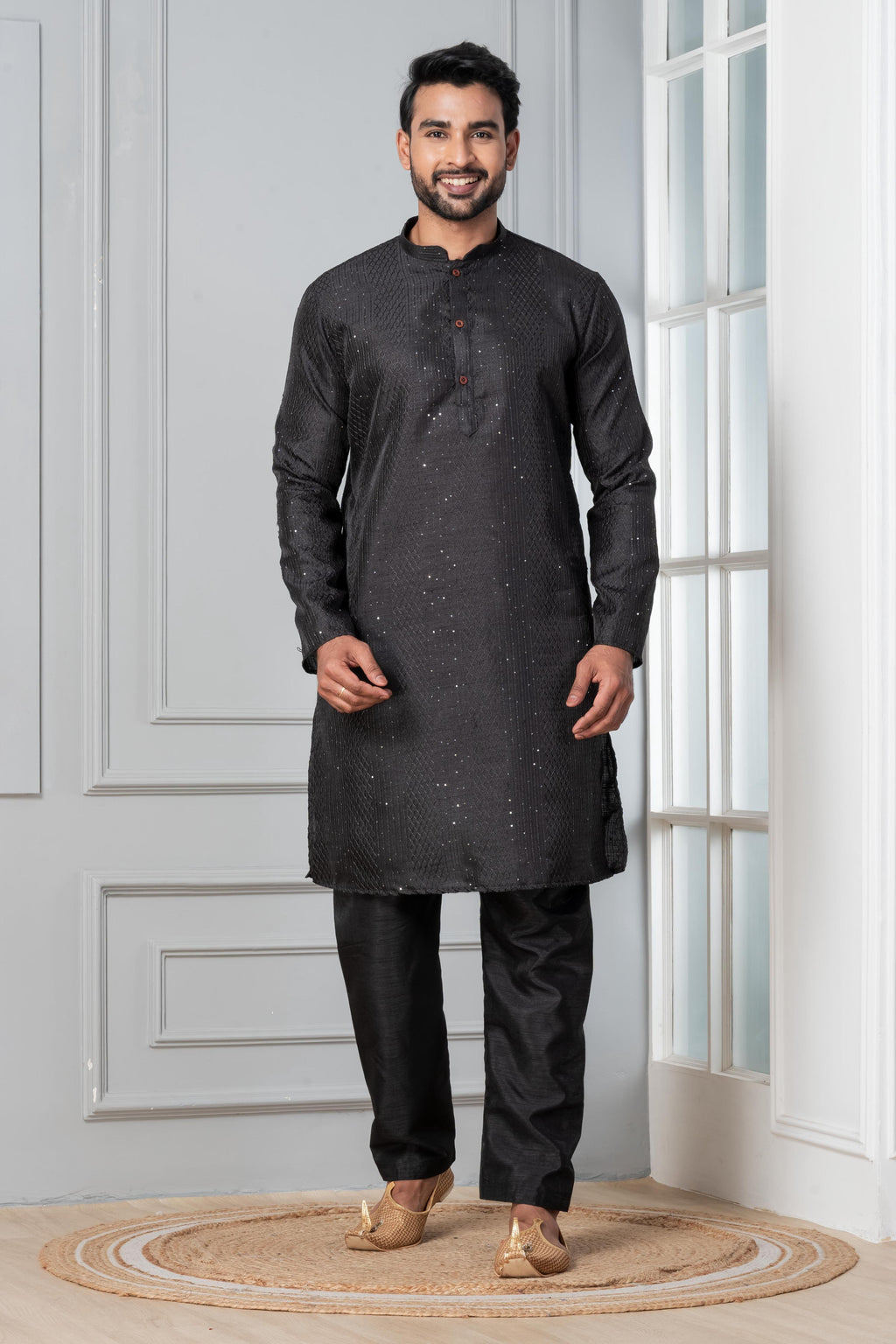 Zavaya Men Black Embroidery Silk Kurta Pyjama Set | Grocsy