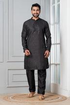 Zavaya Men Black Embroidery Silk Kurta Pyjama Set | Grocsy