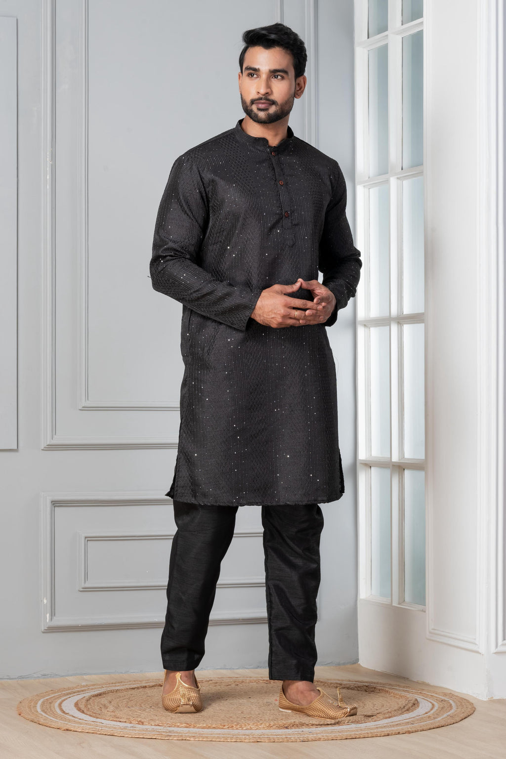 Zavaya Men Black Embroidery Silk Kurta Pyjama Set | Grocsy