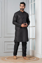 Zavaya Men Black Embroidery Silk Kurta Pyjama Set | Grocsy