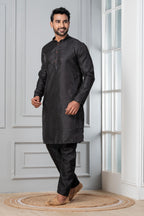 Zavaya Men Black Embroidery Silk Kurta Pyjama Set | Grocsy