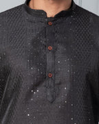 Zavaya Men Black Embroidery Silk Kurta Pyjama Set | Grocsy