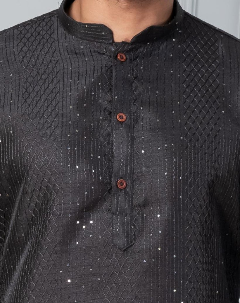 Zavaya Men Black Embroidery Silk Kurta Pyjama Set | Grocsy