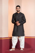 Zavaya Men Black Embroidery Silk Kurta Patiala Set | Grocsy