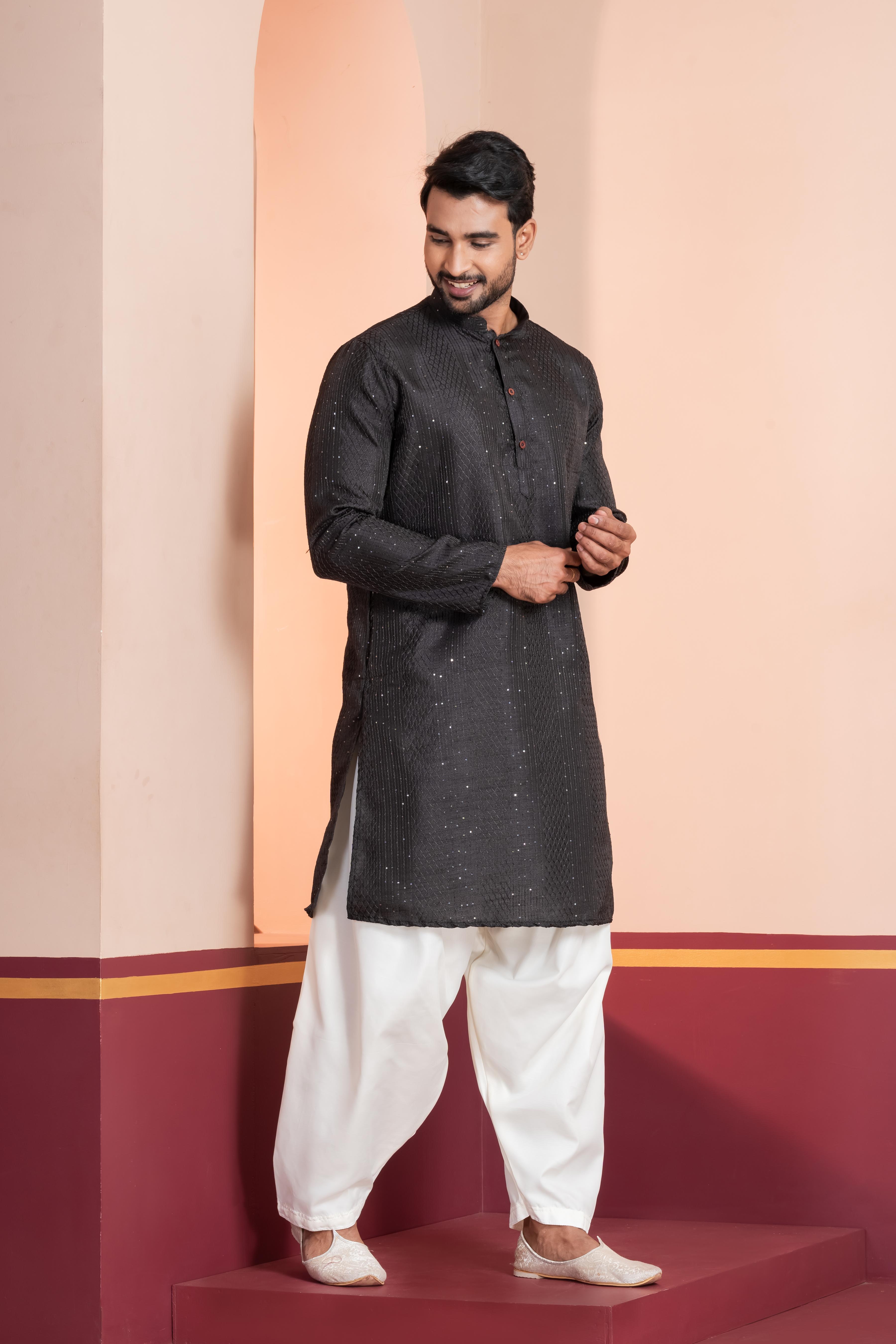 Zavaya Men Black Embroidery Silk Kurta Patiala Set | Grocsy