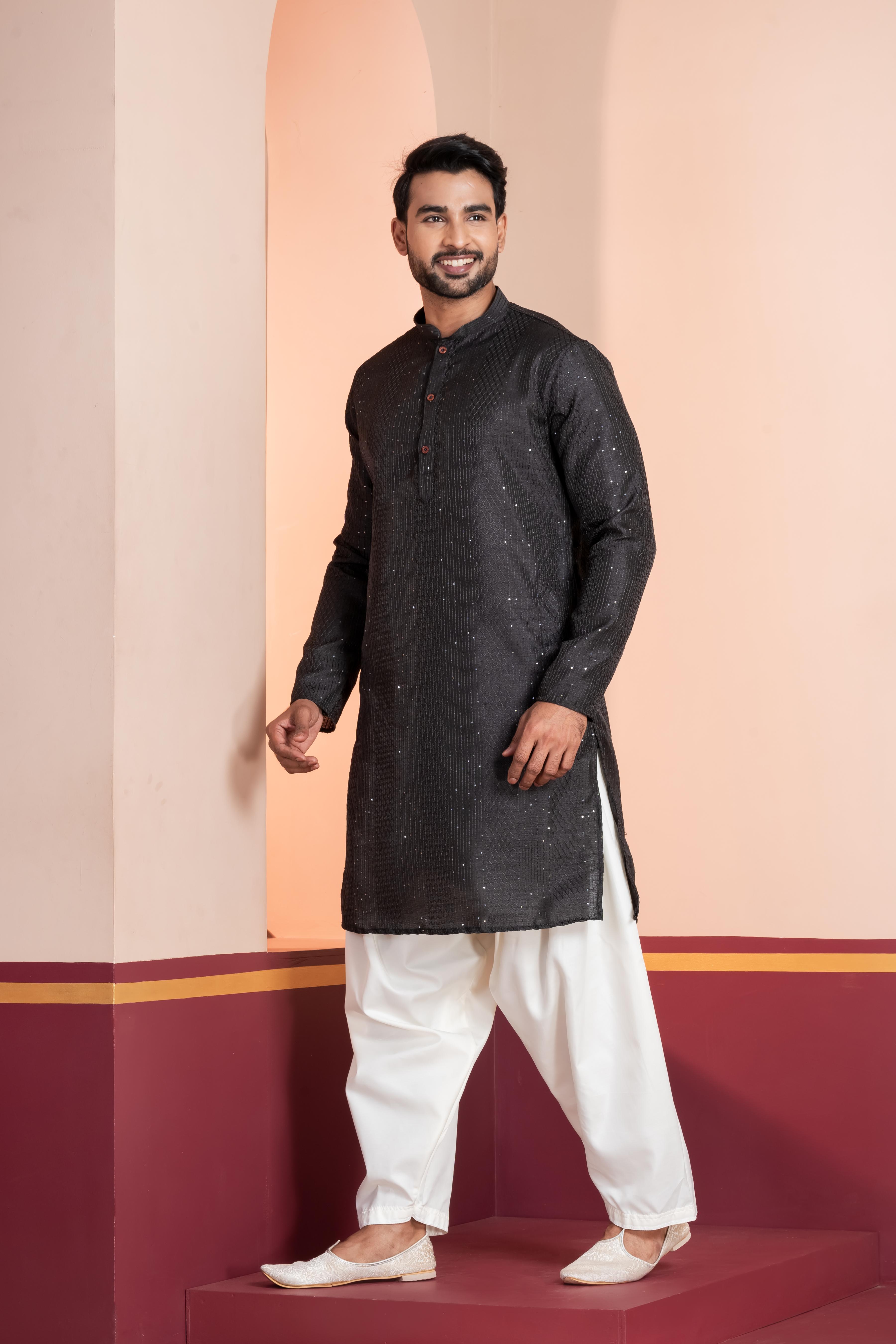 Zavaya Men Black Embroidery Silk Kurta Patiala Set | Grocsy