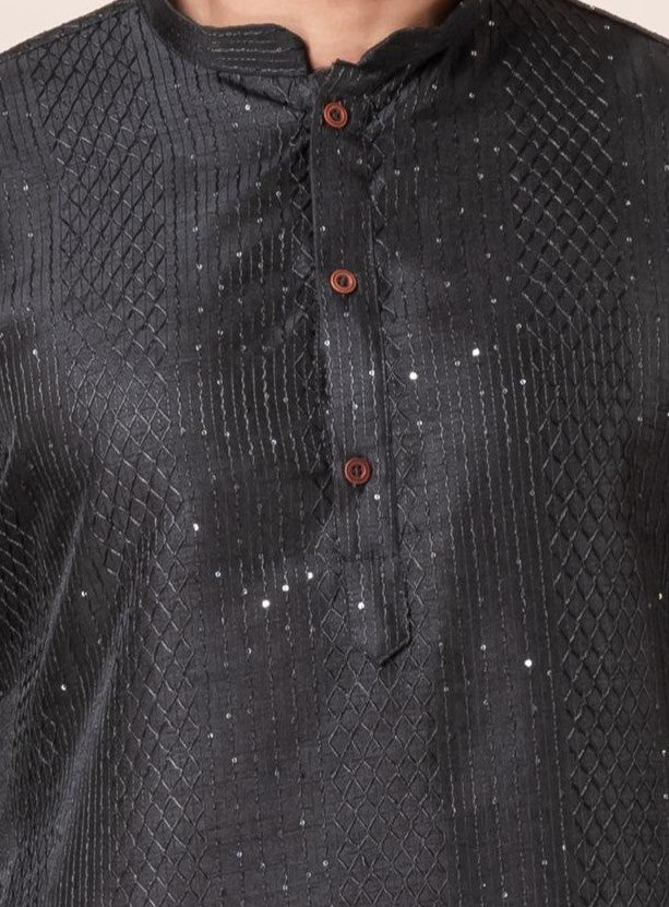 Zavaya Men Black Embroidery Silk Kurta Patiala Set | Grocsy
