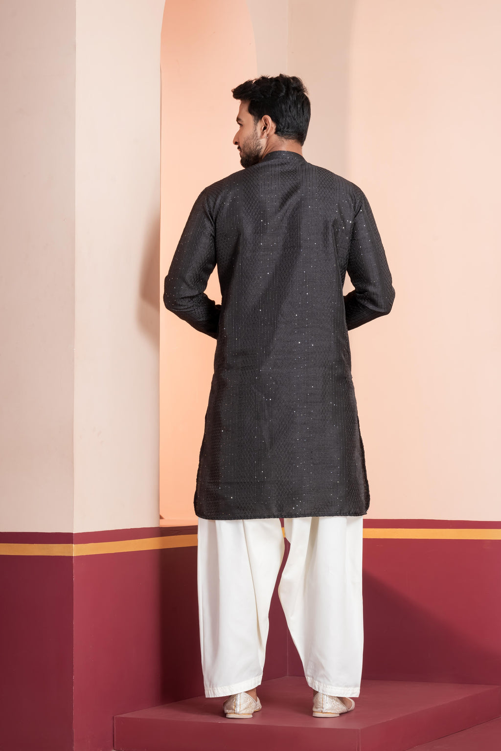 Zavaya Men Black Embroidery Silk Kurta Patiala Set | Grocsy