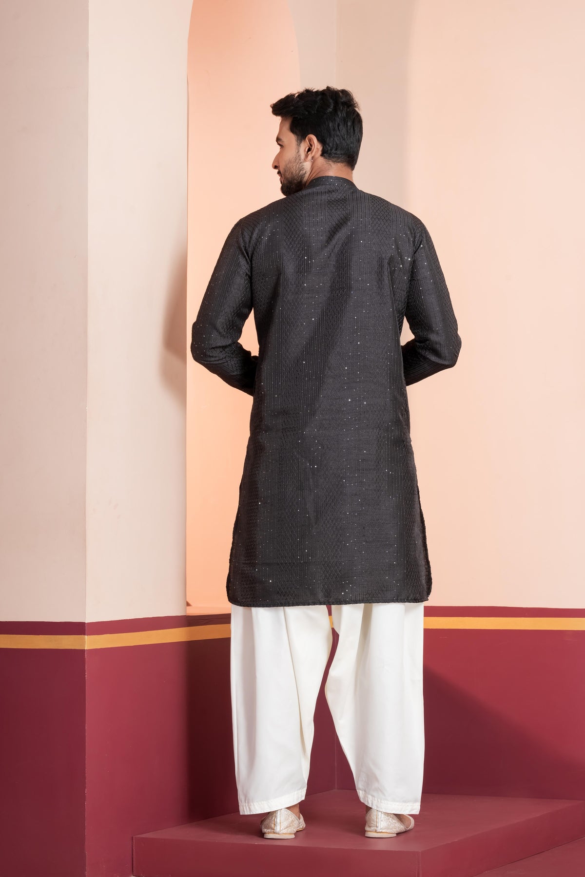 Zavaya Men Black Embroidery Silk Kurta Patiala Set | Grocsy