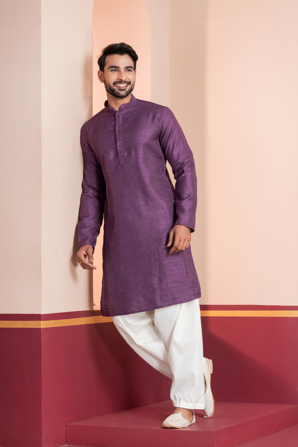 Zavaya Men Purple Embroidery Silk Kurta | Grocsy