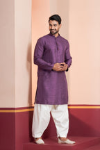 Zavaya Men Purple Embroidery Silk Kurta | Grocsy