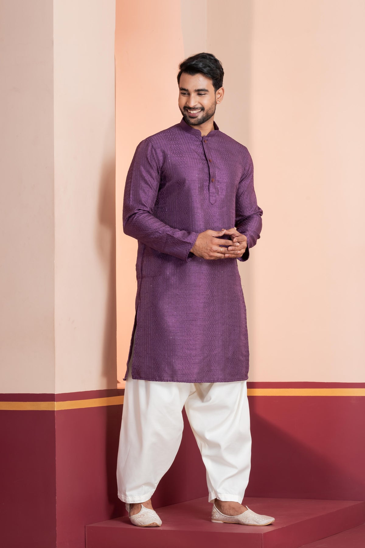 Zavaya Men Purple Embroidery Silk Kurta | Grocsy
