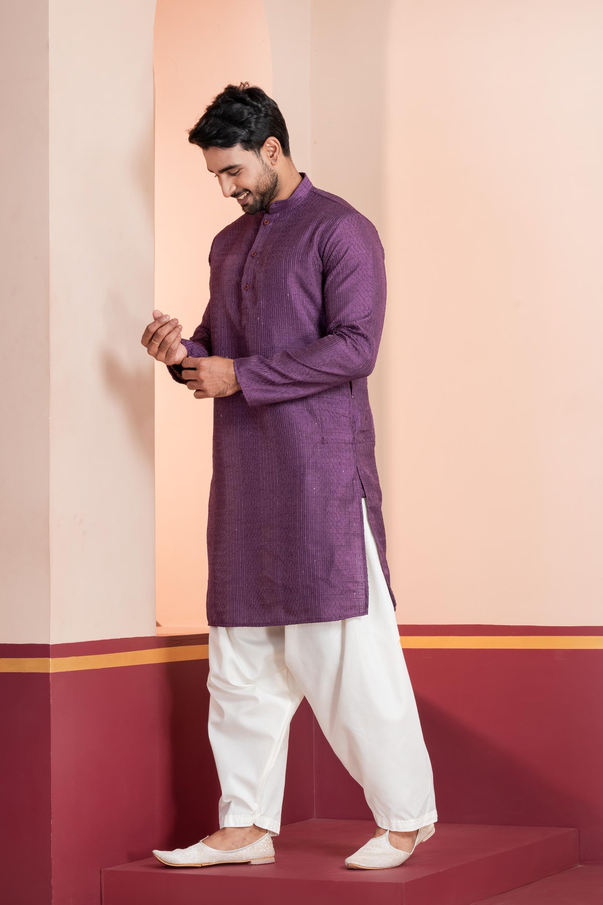 Zavaya Men Purple Embroidery Silk Kurta | Grocsy