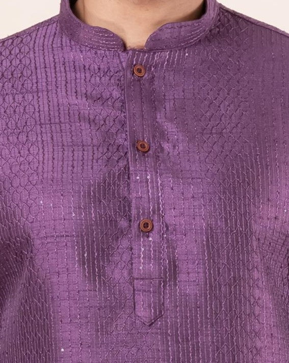 Zavaya Men Purple Embroidery Silk Kurta | Grocsy