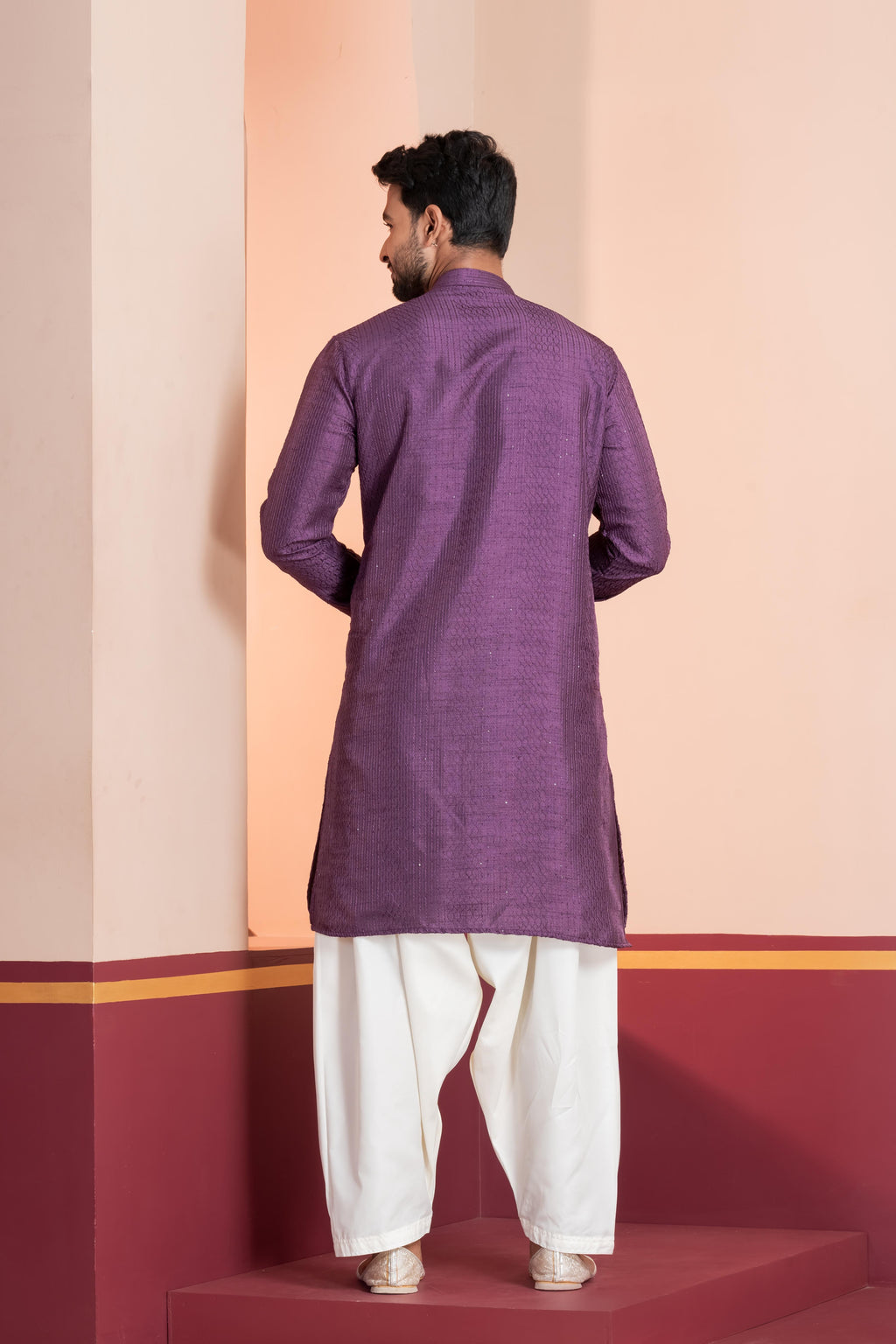 Zavaya Men Purple Embroidery Silk Kurta | Grocsy