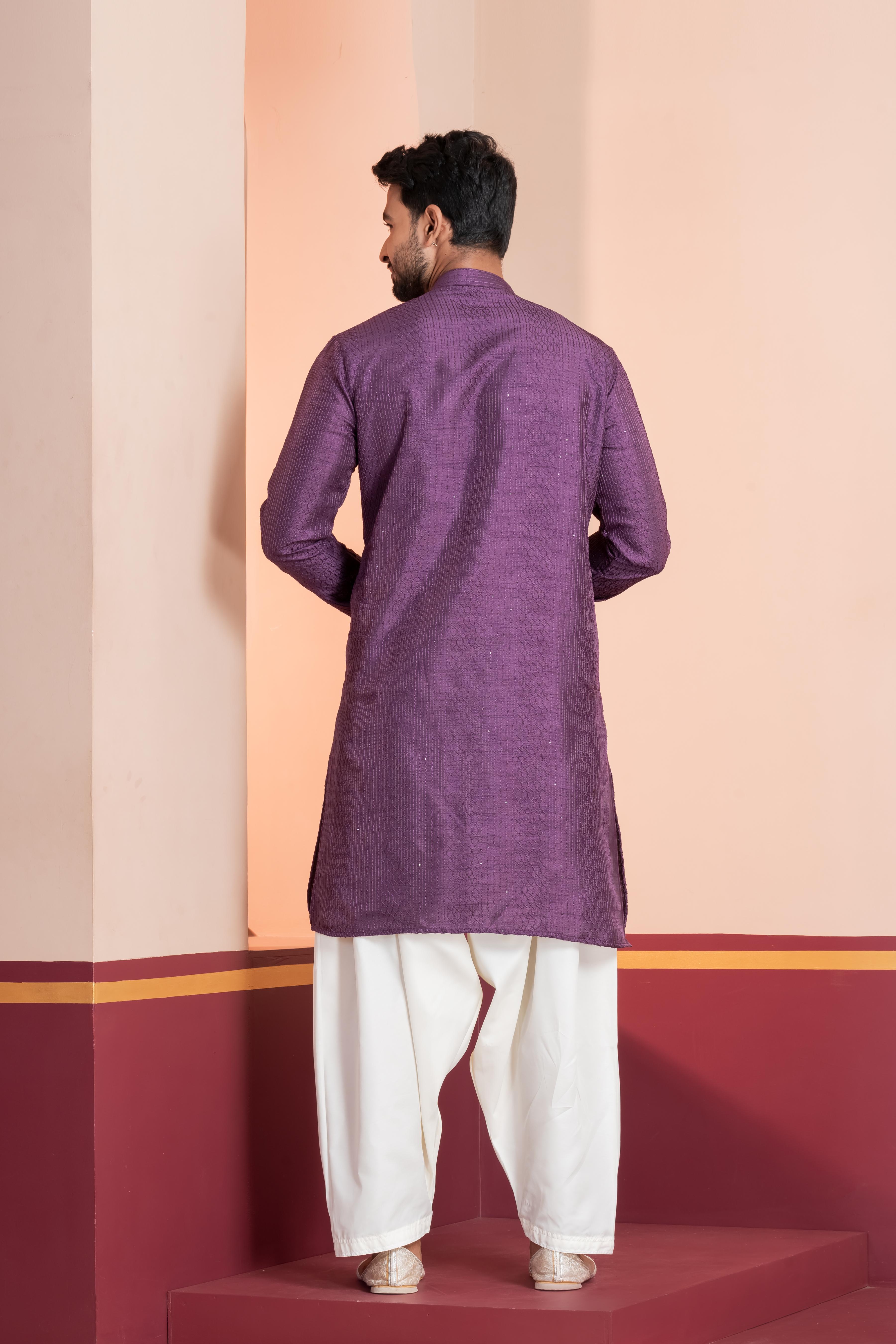 Zavaya Men Purple Embroidery Silk Kurta | Grocsy