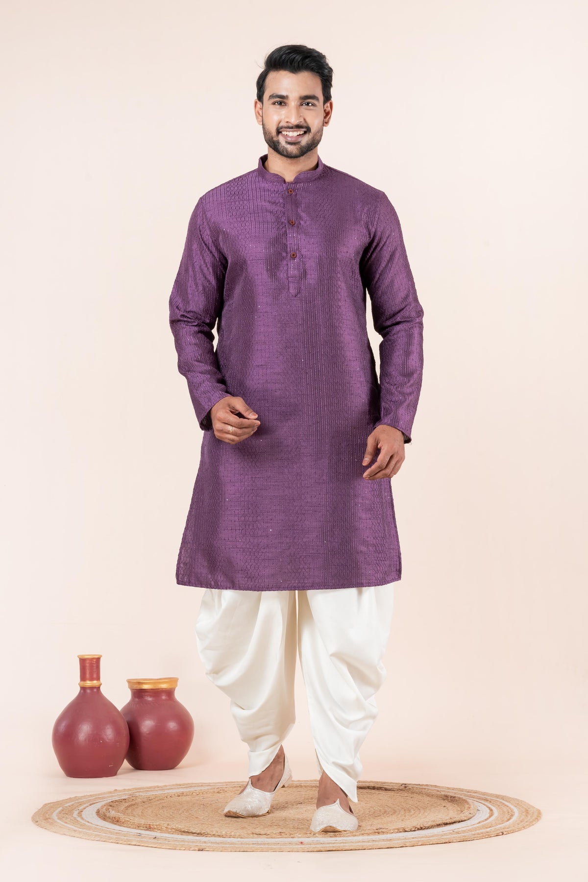 Zavaya Men Purple Embroidery Silk Kurta Dhoti Set | Grocsy