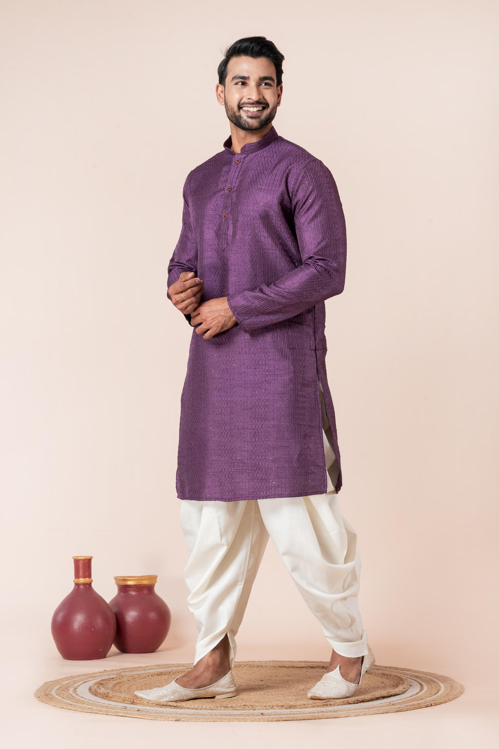 Zavaya Men Purple Embroidery Silk Kurta Dhoti Set | Grocsy
