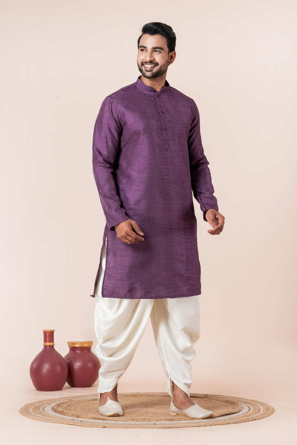 Zavaya Men Purple Embroidery Silk Kurta Dhoti Set | Grocsy