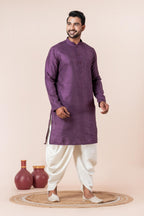 Zavaya Men Purple Embroidery Silk Kurta Dhoti Set | Grocsy