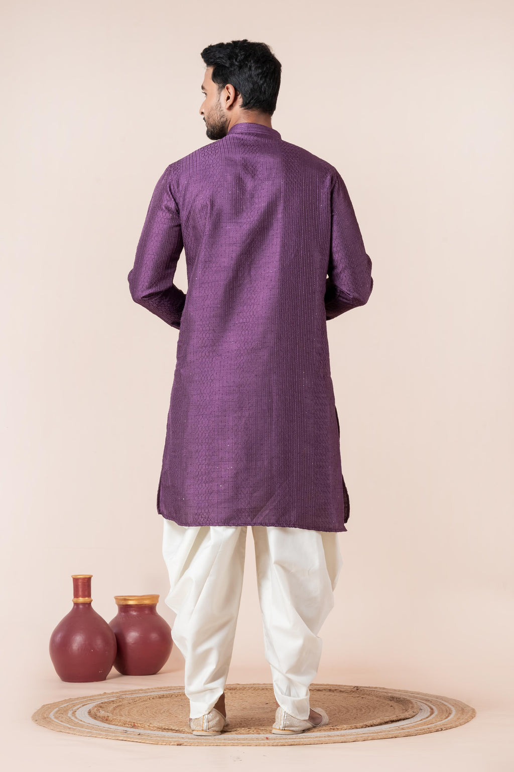 Zavaya Men Purple Embroidery Silk Kurta Dhoti Set | Grocsy