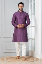 Zavaya Men Purple Embroidery Silk Kurta Pyjama Set | Grocsy