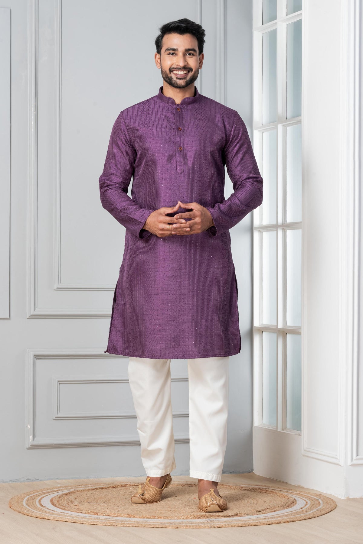 Zavaya Men Purple Embroidery Silk Kurta Pyjama Set | Grocsy