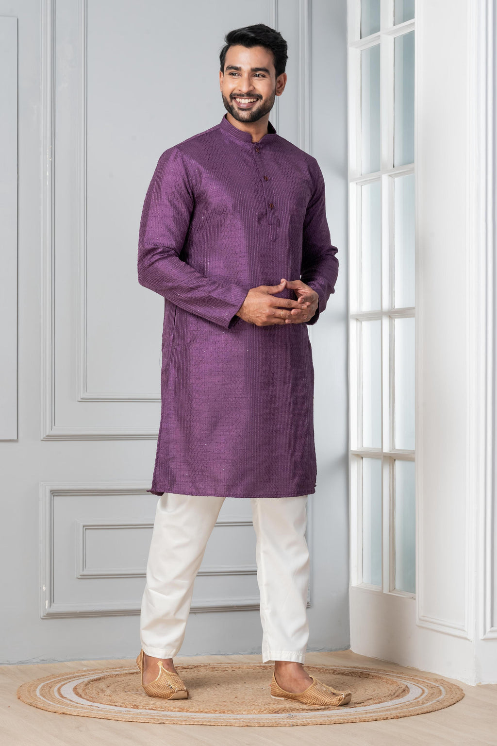 Zavaya Men Purple Embroidery Silk Kurta Pyjama Set | Grocsy