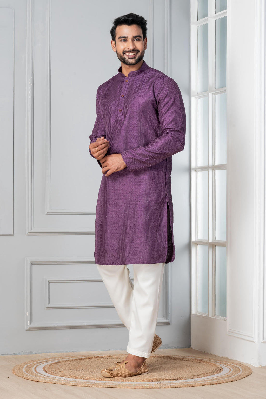 Zavaya Men Purple Embroidery Silk Kurta Pyjama Set | Grocsy