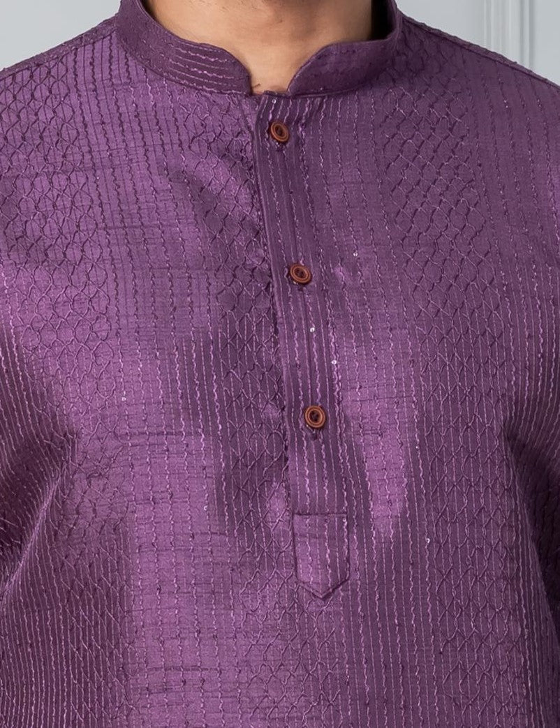 Zavaya Men Purple Embroidery Silk Kurta Pyjama Set | Grocsy