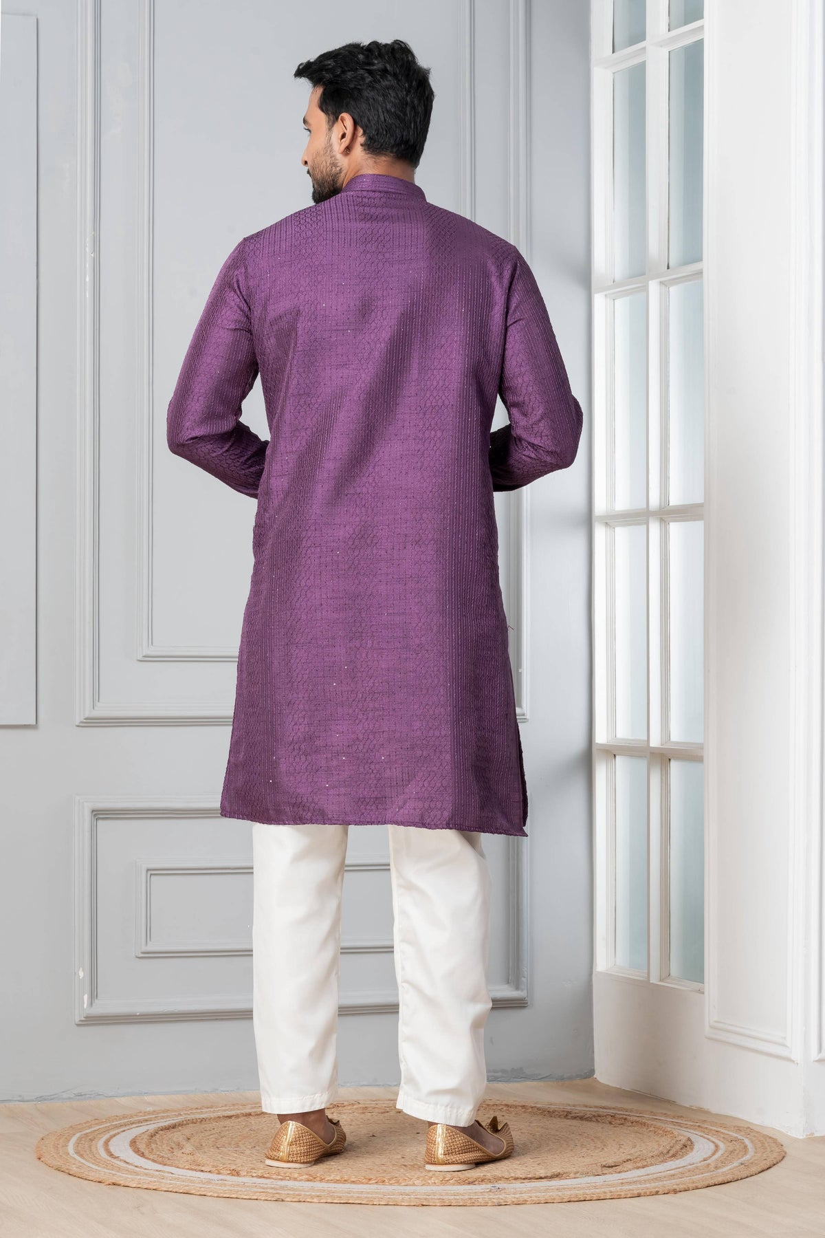 Zavaya Men Purple Embroidery Silk Kurta Pyjama Set | Grocsy