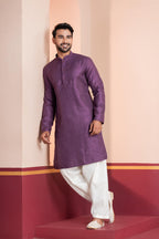 Zavaya Men Purple Embroidery Silk Kurta Patiala Set | Grocsy