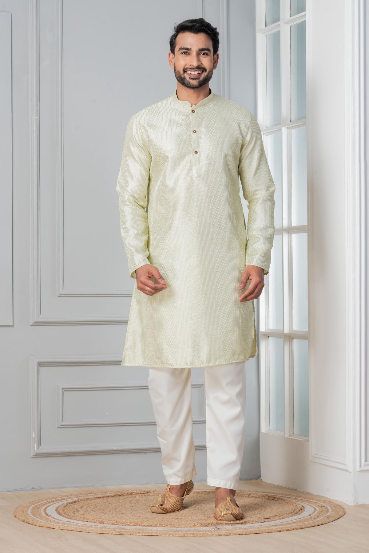 Zavaya Men Green Embroidery Silk Kurta | Grocsy