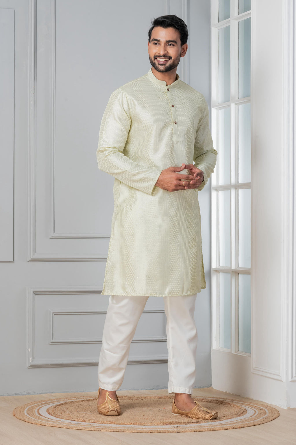 Zavaya Men Green Embroidery Silk Kurta | Grocsy
