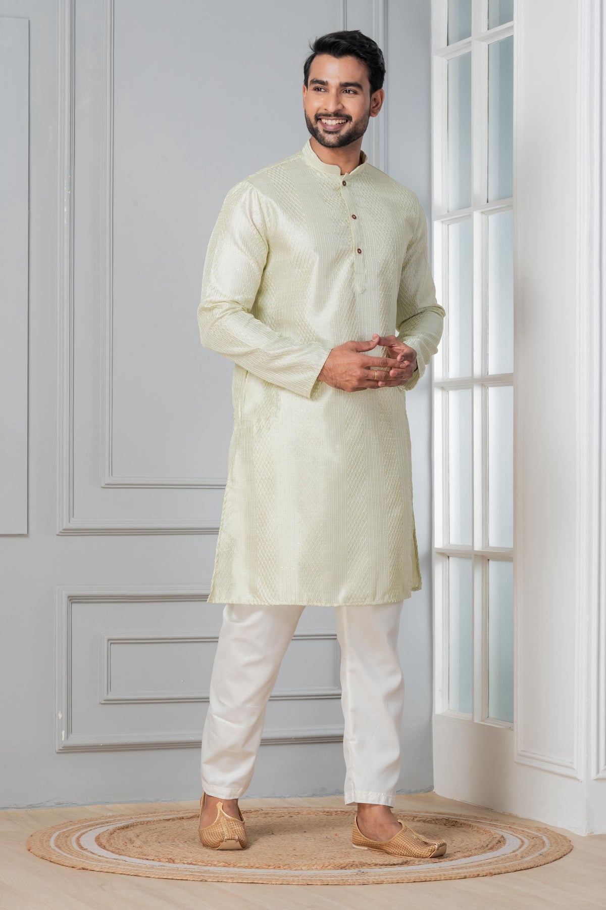 Zavaya Men Green Embroidery Silk Kurta | Grocsy