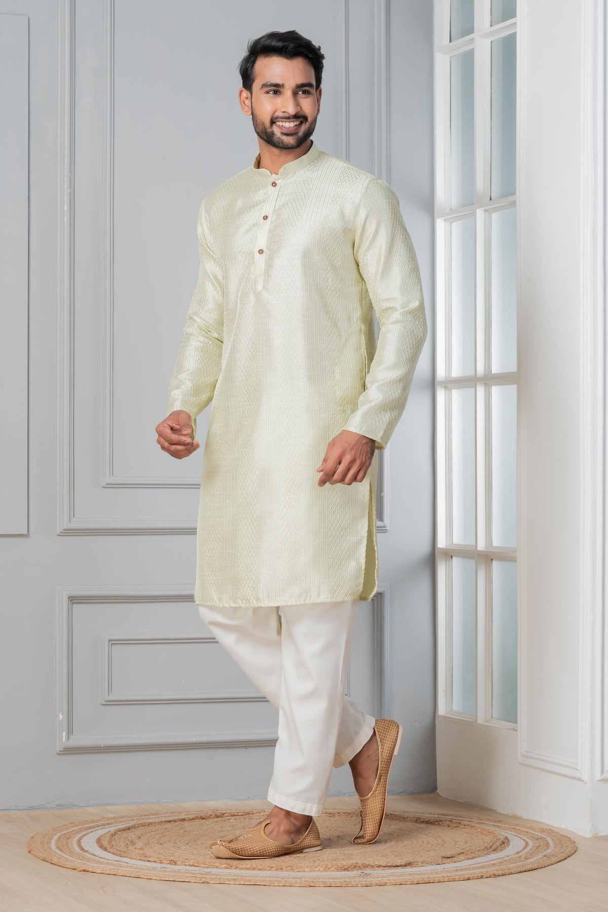 Zavaya Men Green Embroidery Silk Kurta | Grocsy