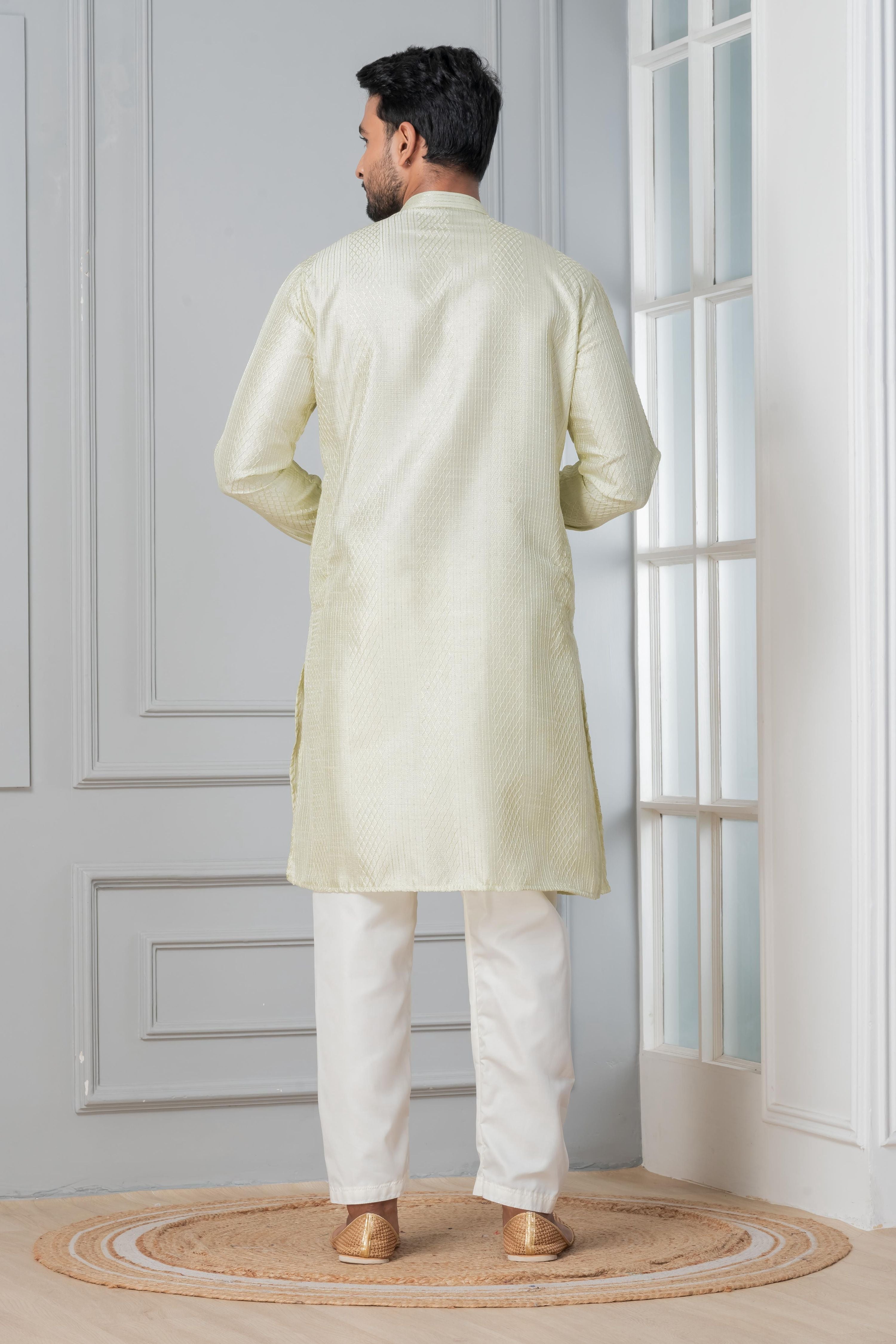 Zavaya Men Green Embroidery Silk Kurta | Grocsy