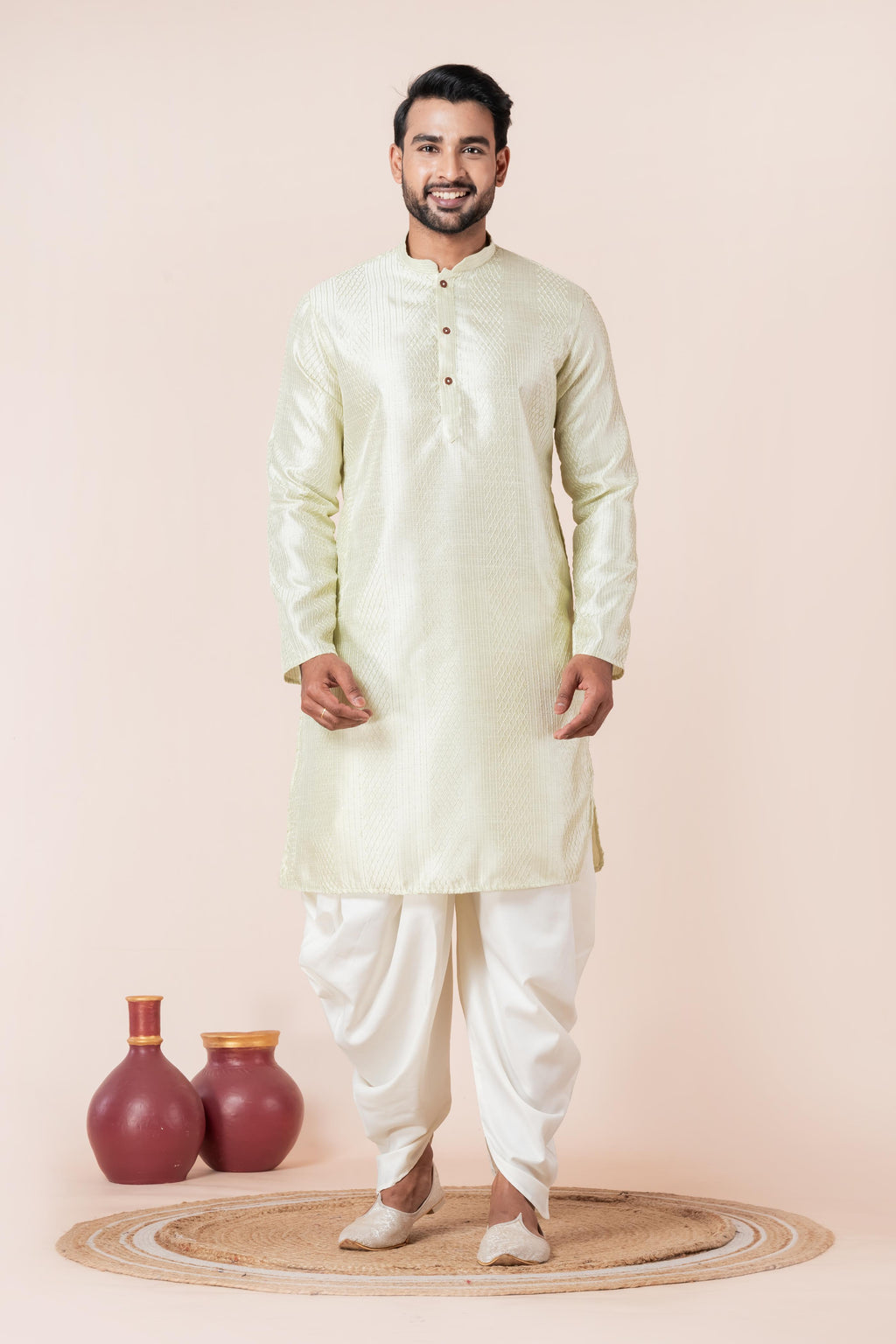 Zavaya Men Green Embroidery Silk Kurta Dhoti Set | Grocsy
