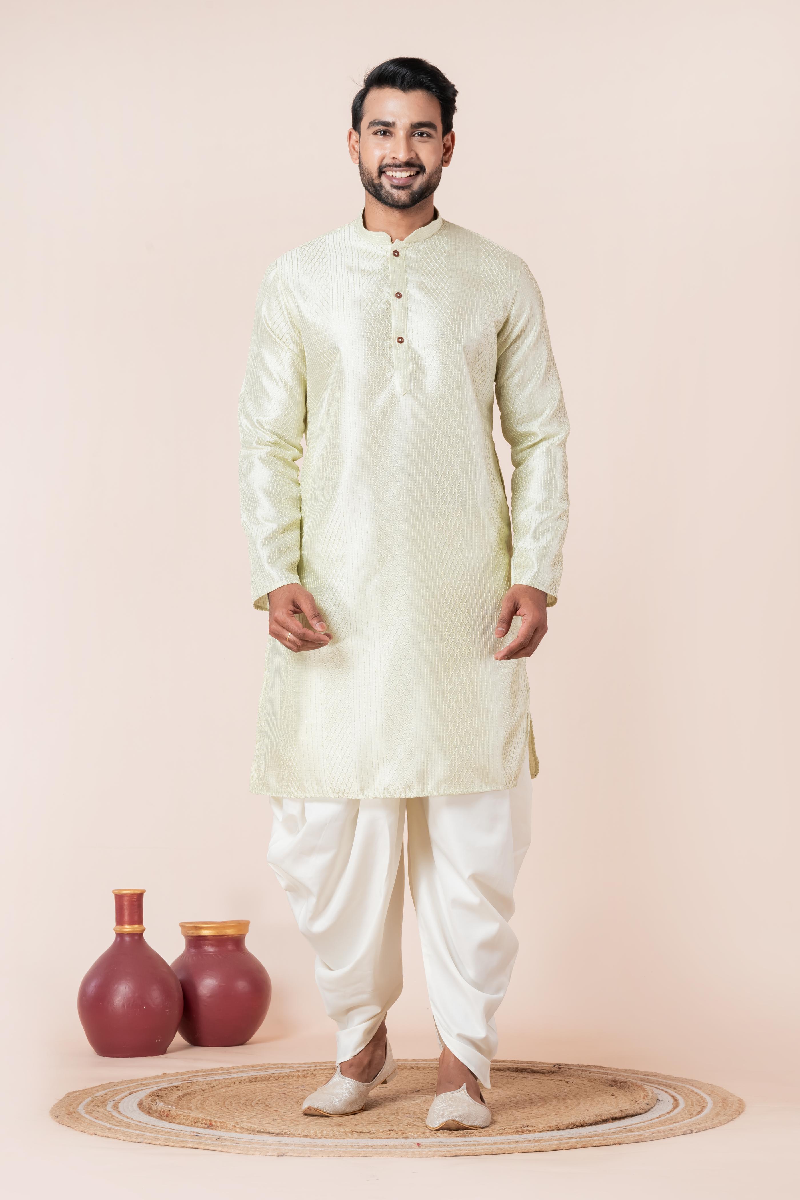 Zavaya Men Green Embroidery Silk Kurta Dhoti Set | Grocsy