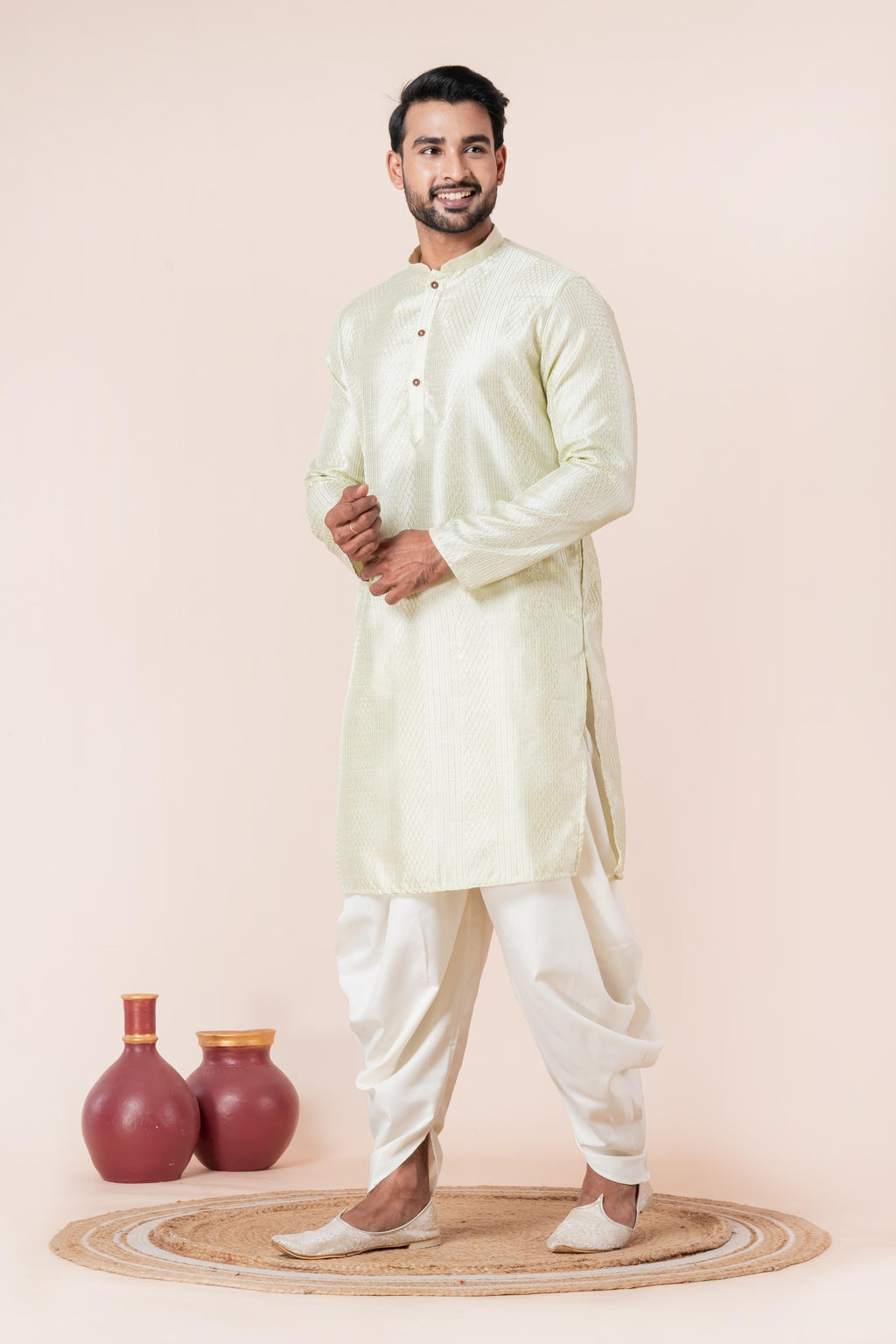 Zavaya Men Green Embroidery Silk Kurta Dhoti Set | Grocsy