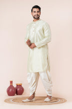 Zavaya Men Green Embroidery Silk Kurta Dhoti Set | Grocsy